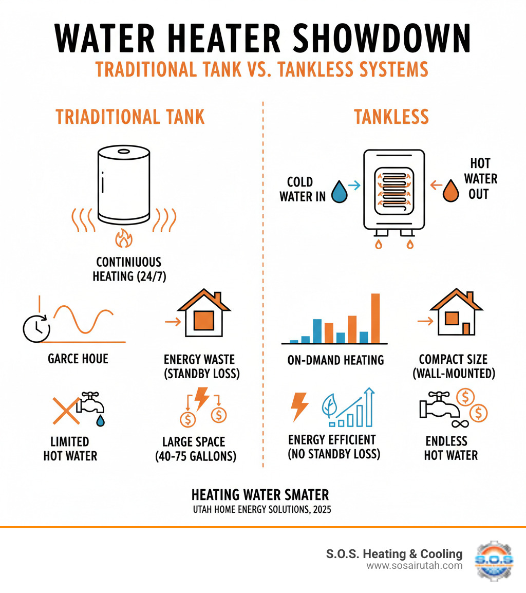 Infographic comparing traditional tank water heaters that store and continuously heat 40-75 gallons of water versus tankless systems that heat water on-demand through a compact heat exchanger, showing energy flow, space requirements, and operational differences - tankless water heater installation utah infographic 