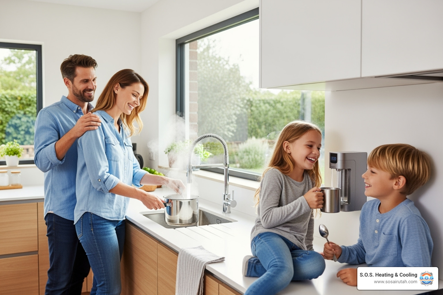 Happy family in a modern kitchen, benefiting from instant hot water - tankless water heater installation utah