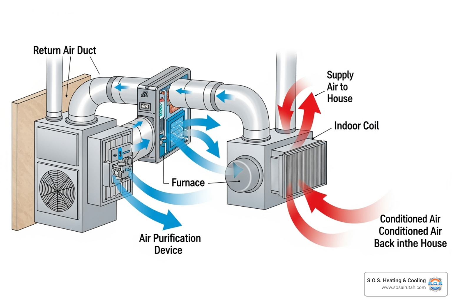 Diagram showing an air scrubber integrated into an HVAC duct system - air scrubber installation utah