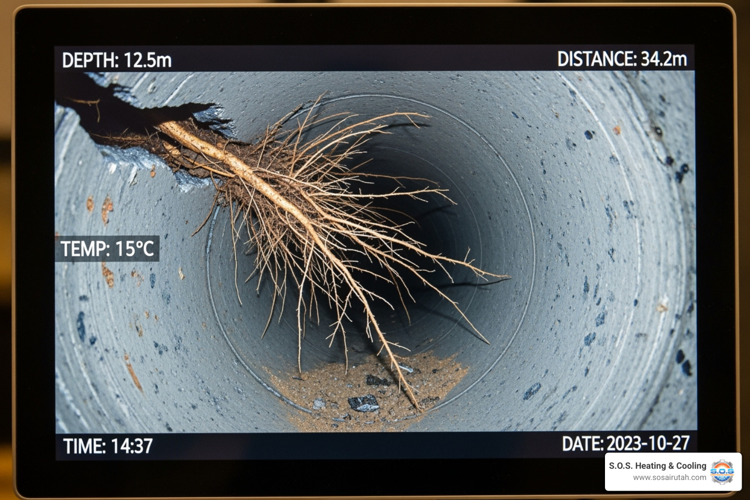 sewer camera inspection screen showing tree root intrusion - sewer line repair salt lake sewer camera inspection screen showing tree root intrusion - sewer line repair salt lake