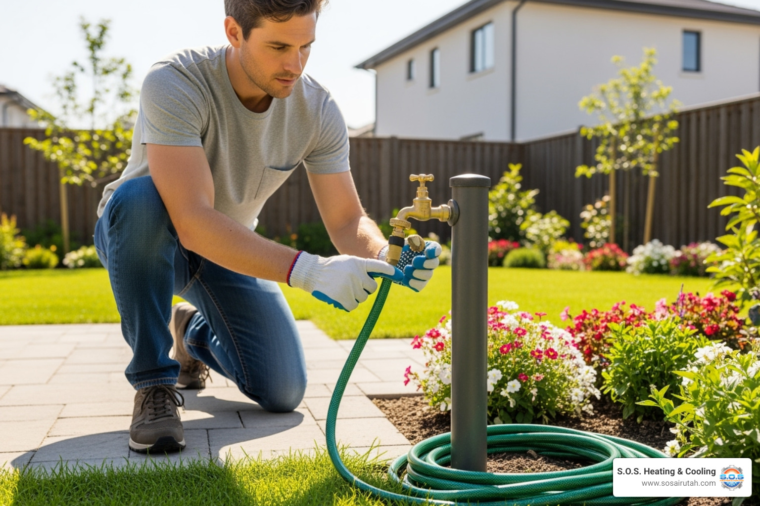 Homeowner performing routine check on outdoor plumbing, emphasizing preventative maintenance - sewer line repair salt lake Homeowner performing routine check on outdoor plumbing, emphasizing preventative maintenance - sewer line repair salt lake