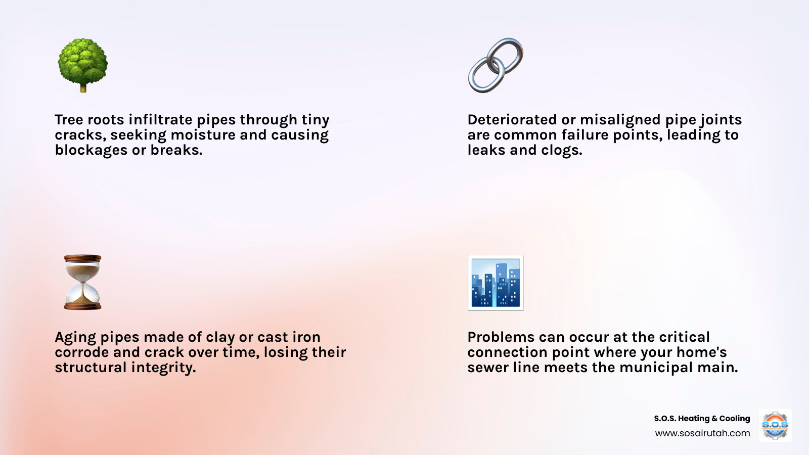 Detailed infographic showing a cross-section of a Salt Lake City home's sewer line connection from house to municipal main, highlighting common failure points like tree root intrusion, pipe joints, and the transition to city systems - sewer line repair salt lake infographic 4_facts_emoji_light-gradient Detailed infographic showing a cross-section of a Salt Lake City home's sewer line connection from house to municipal main, highlighting common failure points like tree root intrusion, pipe joints, and the transition to city systems - sewer line repair salt lake infographic 4_facts_emoji_light-gradient