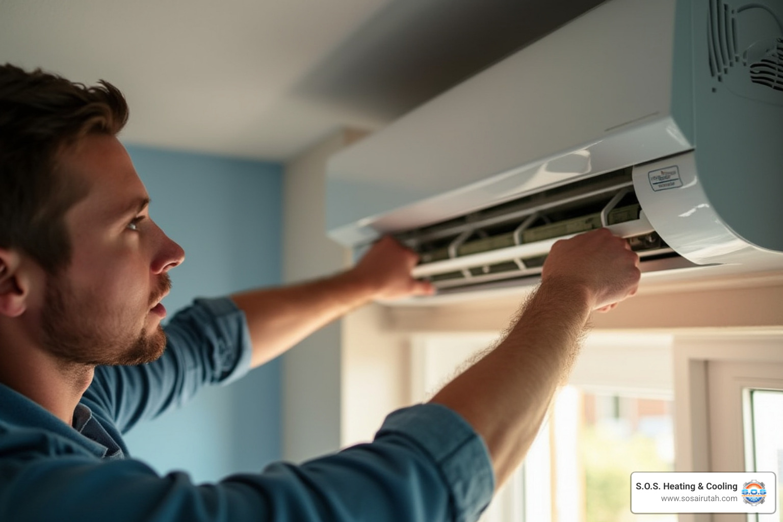 Homeowner cleaning the filter of an indoor mini-split unit - ductless heating maintenance utah