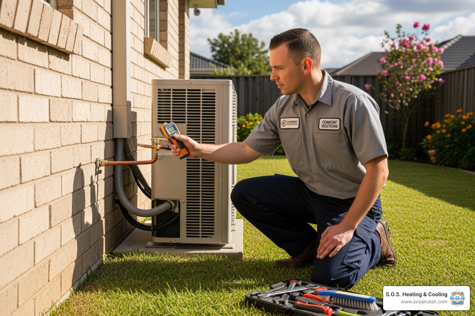Ductless mini-split outdoor unit with a technician looking at it - ductless heating maintenance utah