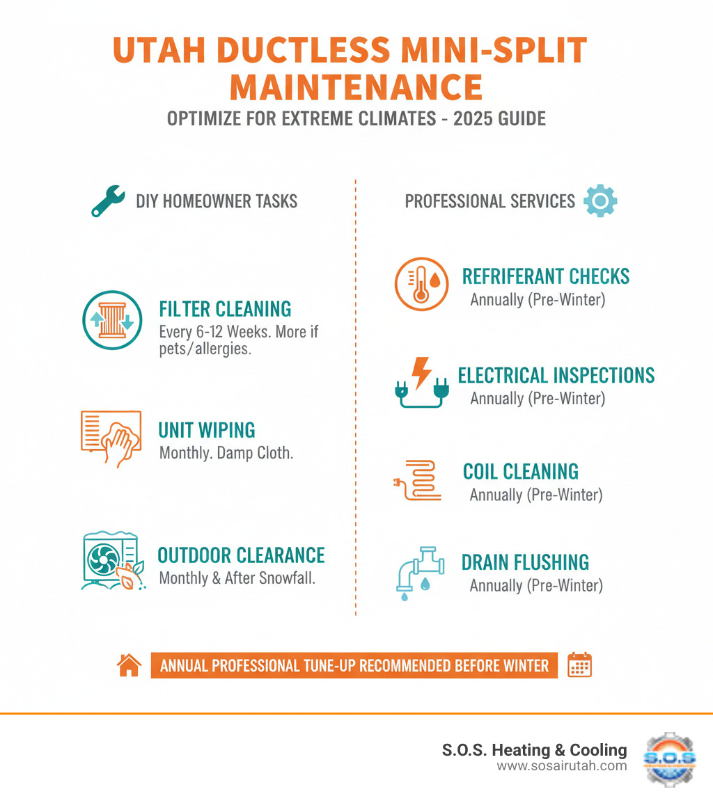 Comprehensive ductless mini-split maintenance checklist showing DIY tasks (filter cleaning, unit wiping, outdoor clearance) and professional services (refrigerant checks, electrical inspections, coil cleaning, drain flushing) with recommended frequencies for Utah climate conditions - ductless heating maintenance utah infographic 