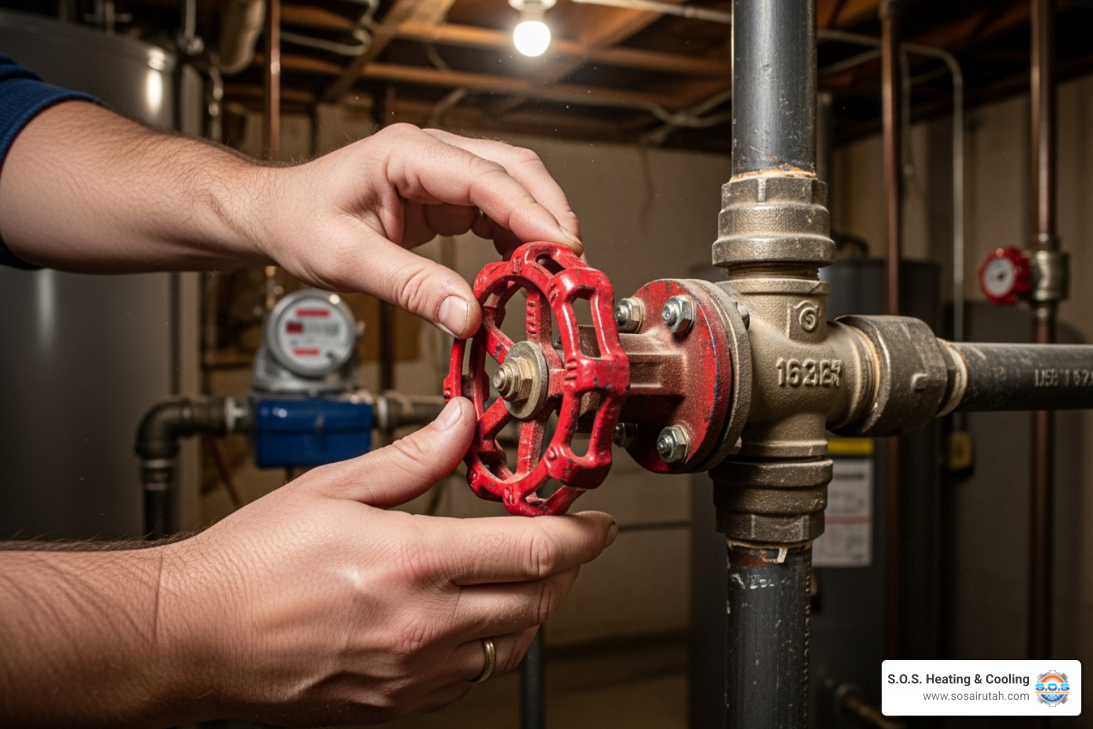 Homeowner shutting off a main water valve - emergency plumber salt lake city Homeowner shutting off a main water valve - emergency plumber salt lake city