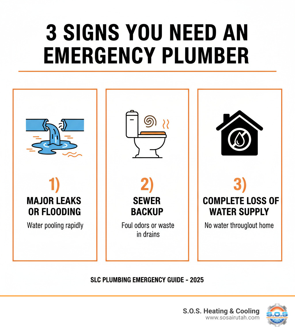Infographic showing the top 3 signs you need an emergency plumber: 1) Major leaks or flooding with water pooling rapidly, 2) Sewer backup with foul odors or waste backing up into drains, and 3) Complete loss of water supply throughout the home - emergency plumber salt lake city infographic Infographic showing the top 3 signs you need an emergency plumber: 1) Major leaks or flooding with water pooling rapidly, 2) Sewer backup with foul odors or waste backing up into drains, and 3) Complete loss of water supply throughout the home - emergency plumber salt lake city infographic