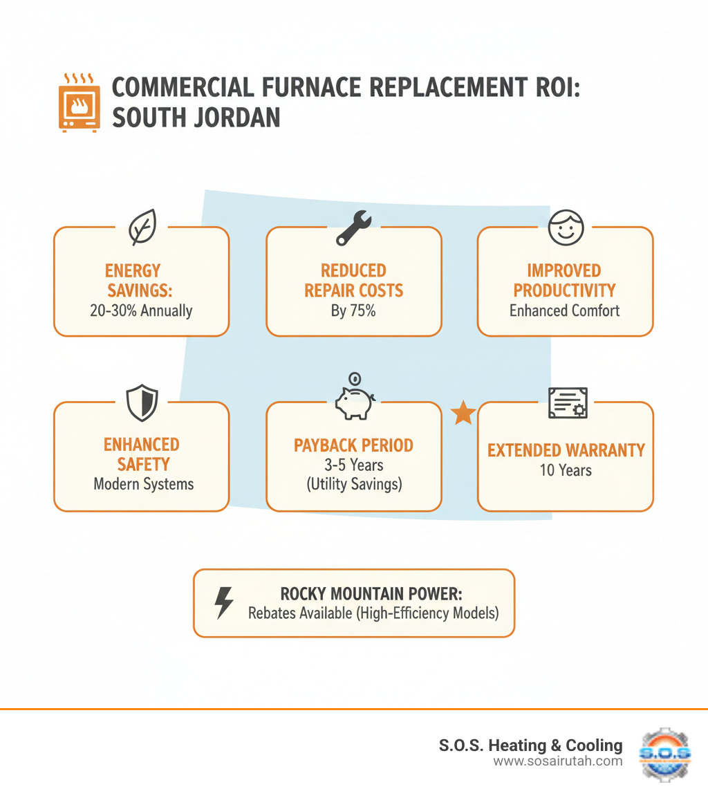 infographic showing commercial furnace replacement ROI in South Jordan: energy savings of 20-30% annually, reduced repair costs by 75%, improved employee productivity, enhanced safety with modern systems, typical payback period of 3-5 years through utility savings, available rebates from Rocky Mountain Power for high-efficiency models, and extended 10-year warranties on new equipment - furnace replacement South Jordan infographic 