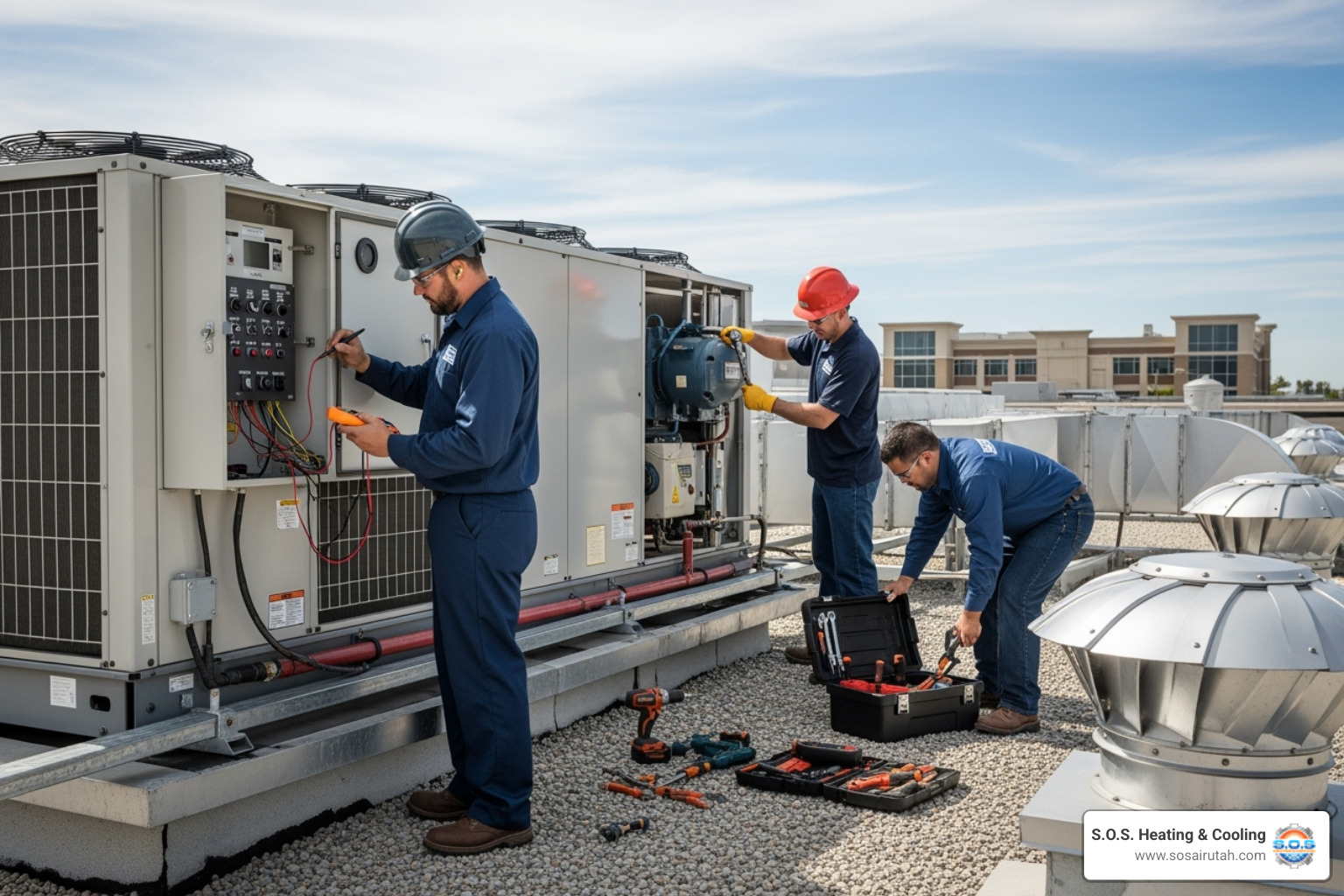 professional HVAC team working on commercial rooftop unit - furnace replacement South Jordan