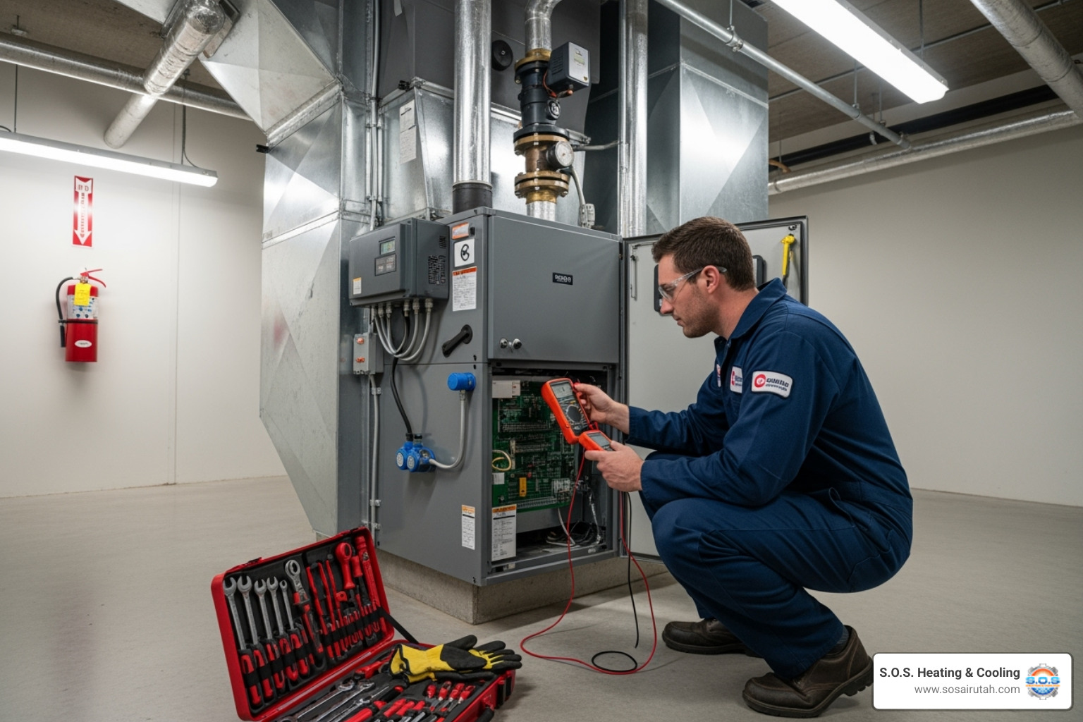 technician inspecting commercial furnace - furnace replacement South Jordan