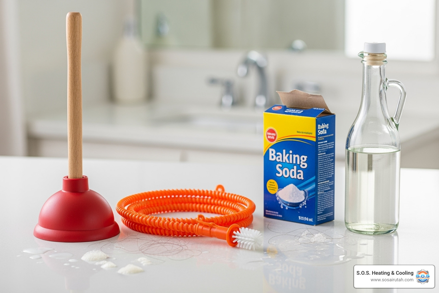 DIY drain cleaning tools like a plunger, plastic snake, baking soda, and vinegar - fix a slow draining bathtub