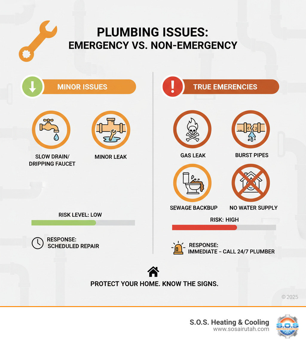 infographic showing the difference between minor plumbing issues like a slow drain or dripping faucet versus true emergencies like burst pipes, gas leaks, sewage backup, and no water supply, with visual indicators of risk levels and recommended response times - emergency plumber sandy ut infographic infographic showing the difference between minor plumbing issues like a slow drain or dripping faucet versus true emergencies like burst pipes, gas leaks, sewage backup, and no water supply, with visual indicators of risk levels and recommended response times - emergency plumber sandy ut infographic