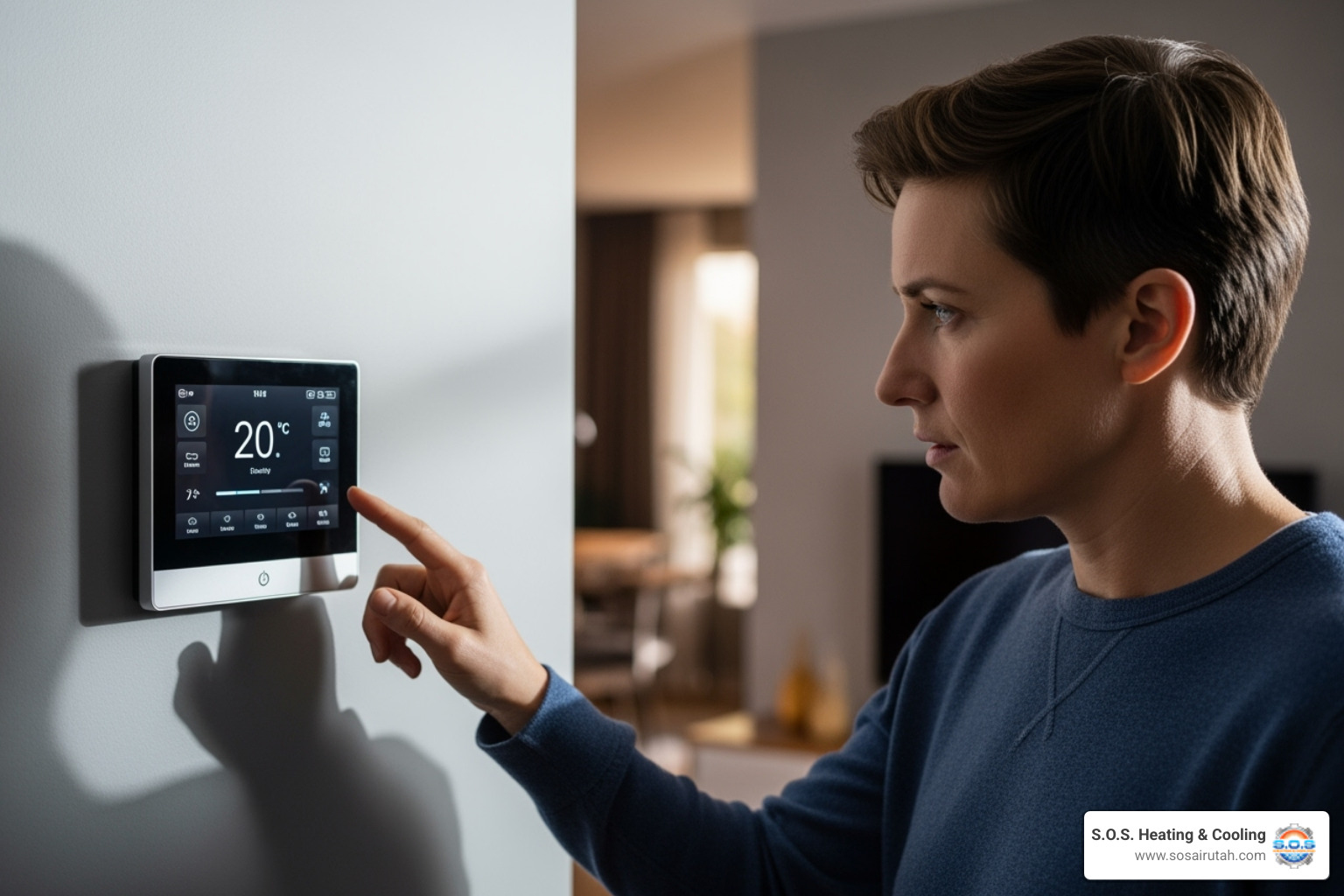 homeowner looking at a thermostat with concern - heating repair sandy homeowner looking at a thermostat with concern - heating repair sandy