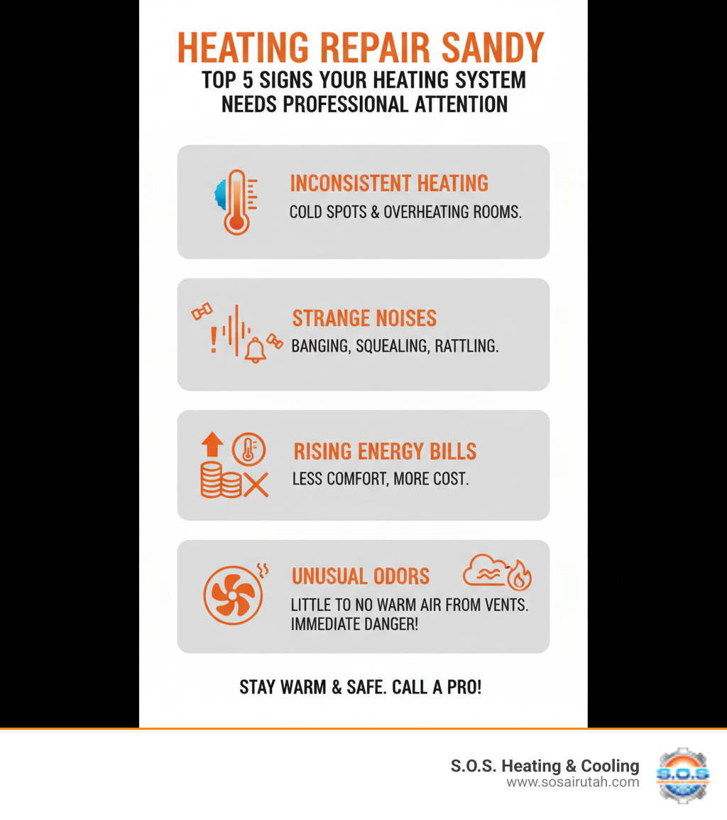 infographic showing the top 5 signs your heating system needs professional attention including inconsistent heating with cold spots in rooms, strange noises like banging or squealing, rising energy bills despite less comfort, weak airflow from vents, and unusual burning or gas odors - heating repair sandy infographic infographic showing the top 5 signs your heating system needs professional attention including inconsistent heating with cold spots in rooms, strange noises like banging or squealing, rising energy bills despite less comfort, weak airflow from vents, and unusual burning or gas odors - heating repair sandy infographic