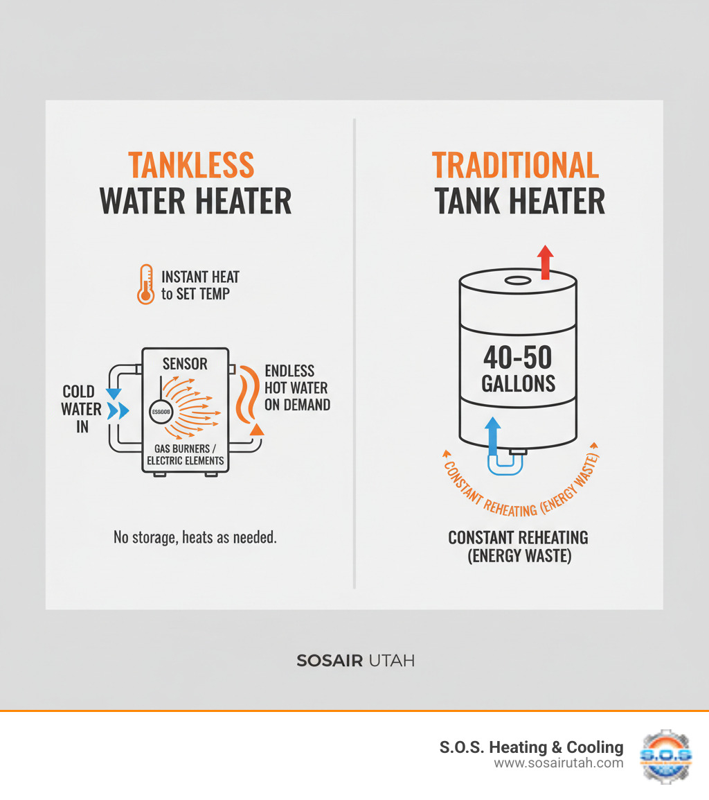 Infographic showing how tankless water heaters work: cold water enters the unit, flows past a sensor that triggers gas burners or electric elements, heats instantly to set temperature, and delivers endless hot water on demand—compared to traditional tank heaters that store and constantly reheat 40-50 gallons - instant hot water repair infographic 