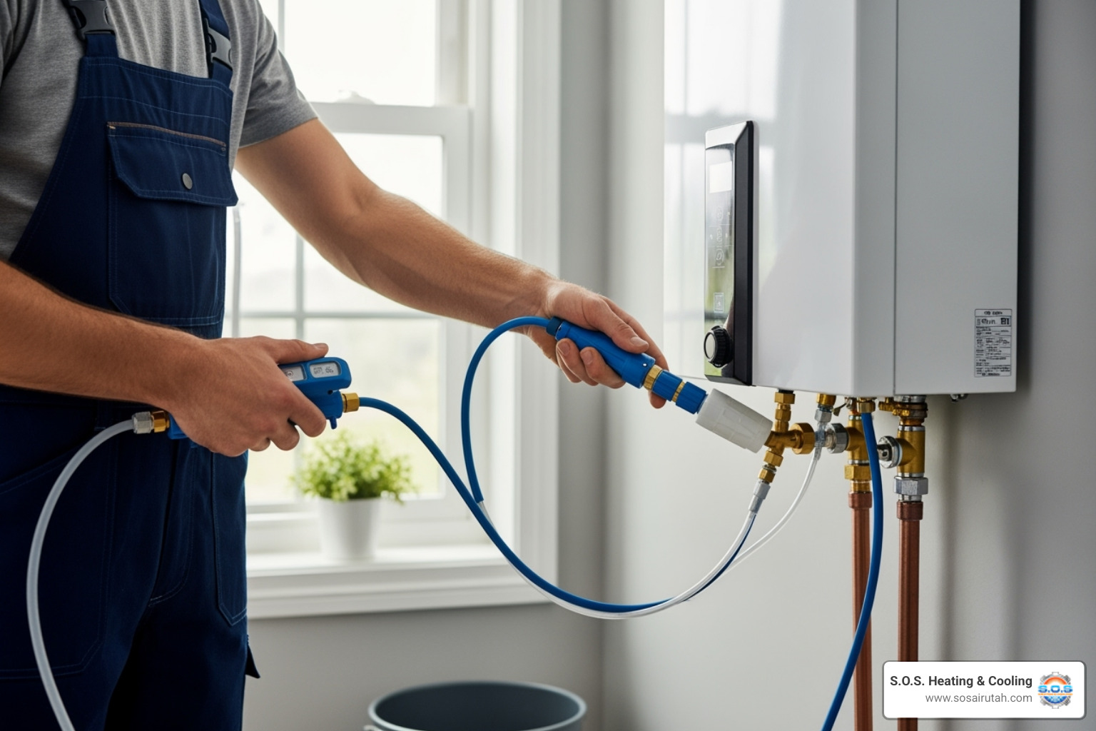 technician performing system flush on tankless water heater - instant hot water repair