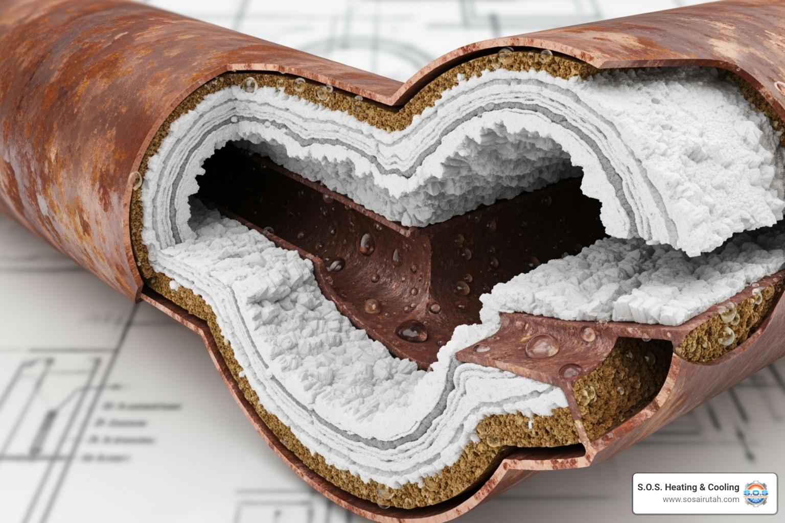 cross-section of pipe clogged with mineral deposits - instant hot water repair