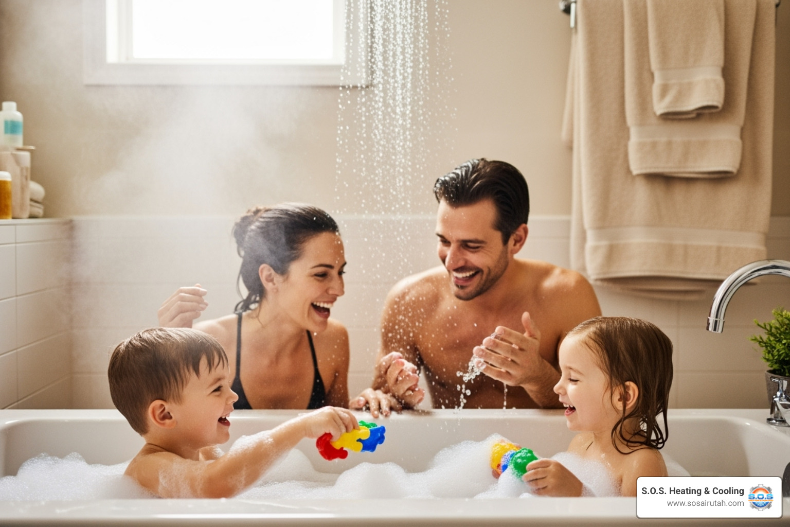 happy family enjoying hot water - instant hot water repair