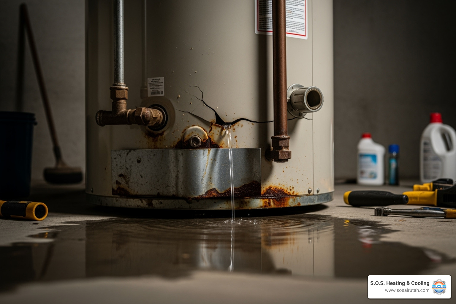 Diagram of a water heater with labels for key components like cold water inlet, hot water outlet, T&P valve, drain valve, and heating elements - hot water heater leaking