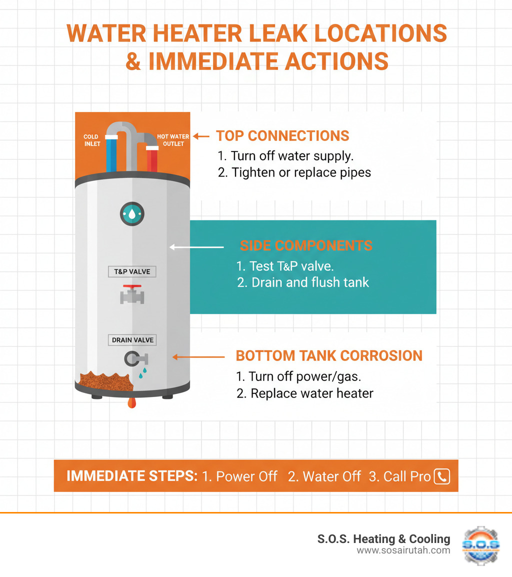 Infographic showing the most common water heater leak locations: top connections including cold water inlet and hot water outlet pipes, side components including temperature and pressure relief valve and drain valve, and bottom tank corrosion, with immediate action steps for each type of leak - hot water heater leaking infographic 