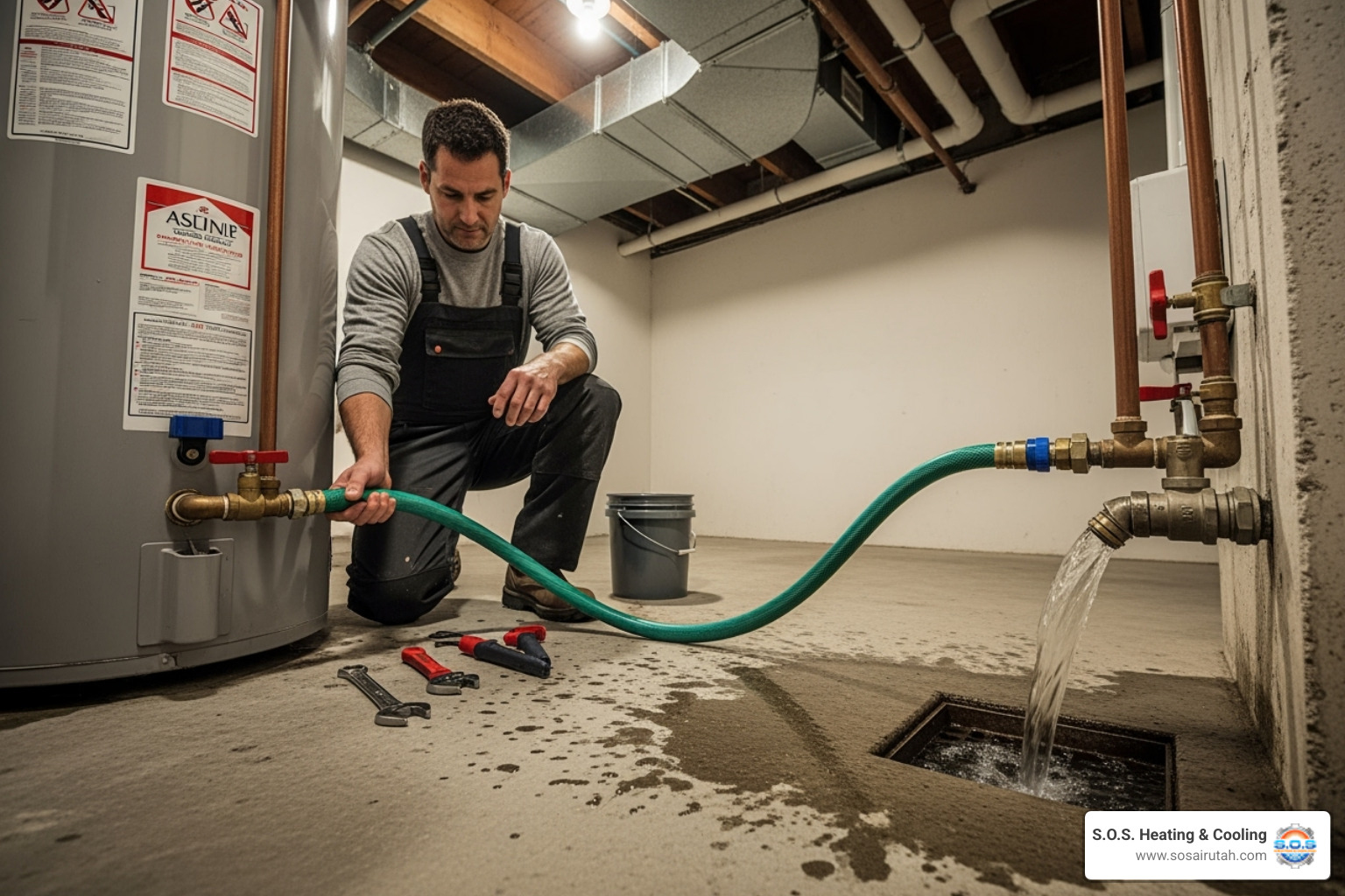 Homeowner flushing their water heater with a hose attached to the drain valve - hot water heater leaking