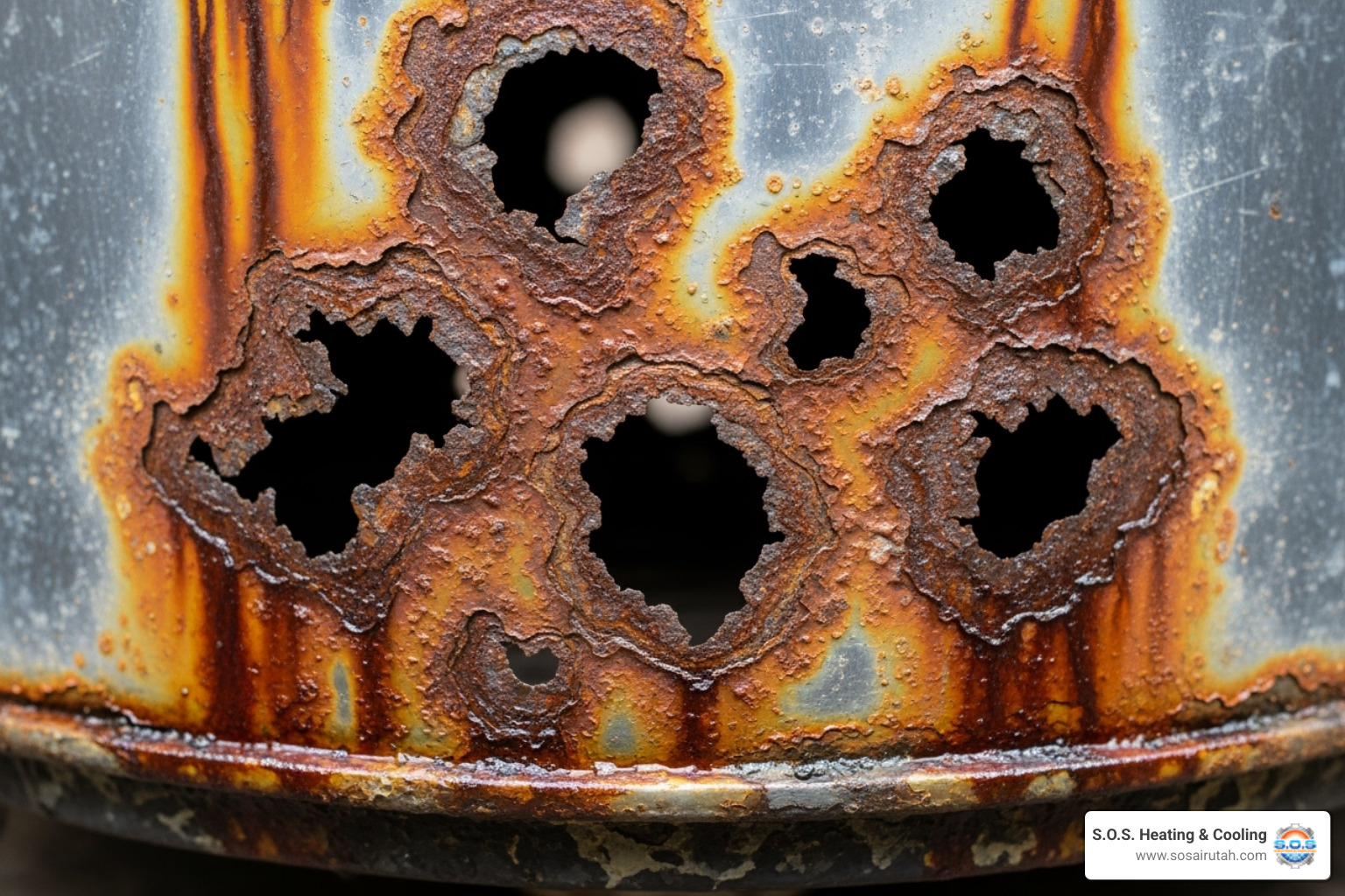 Image of a severely corroded water heater tank bottom, showing rust and holes - hot water heater leaking