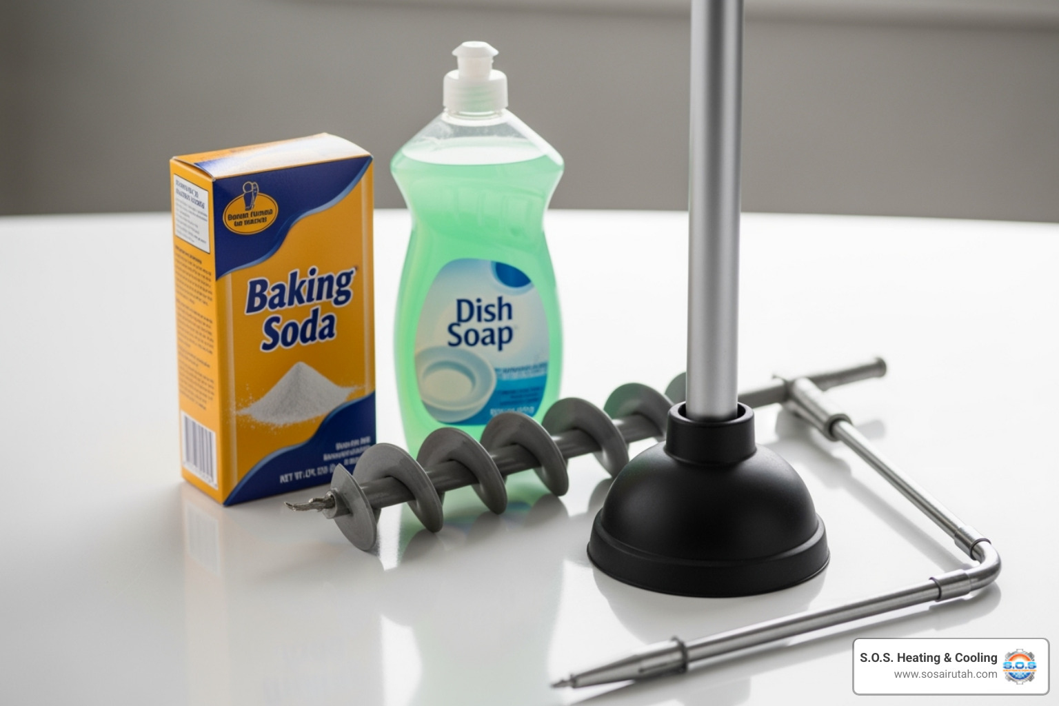various DIY tools: a flange plunger, dish soap, baking soda, and a toilet auger - toilet clog repair
