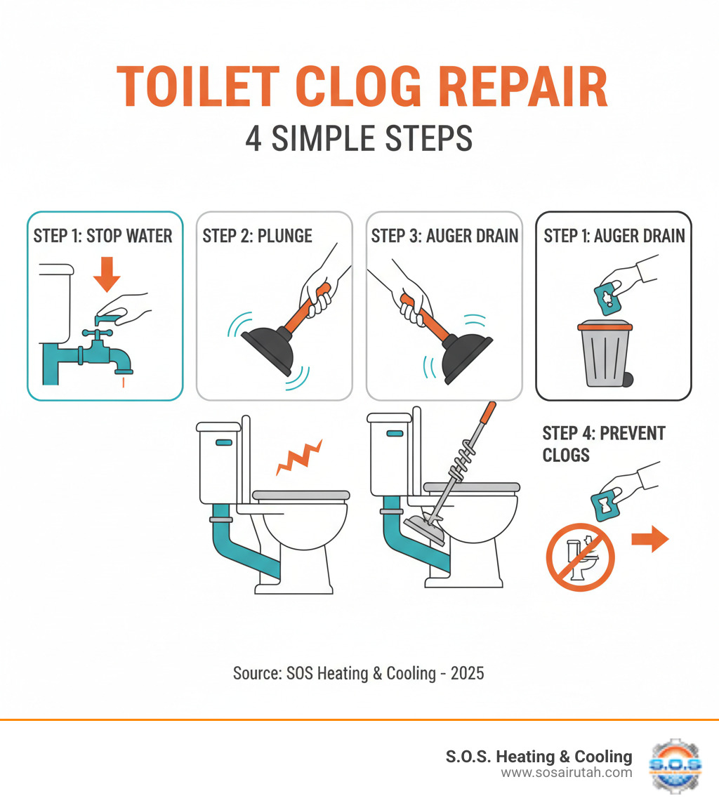 Infographic showing a four-step toilet clog repair process: Step 1 shows turning off the water valve behind the toilet to stop flow, Step 2 shows using a flange plunger with proper seal technique, Step 3 shows inserting a toilet auger into the drain, and Step 4 shows proper disposal practices with a trash can for non-flushable items to prevent future clogs - toilet clog repair infographic 