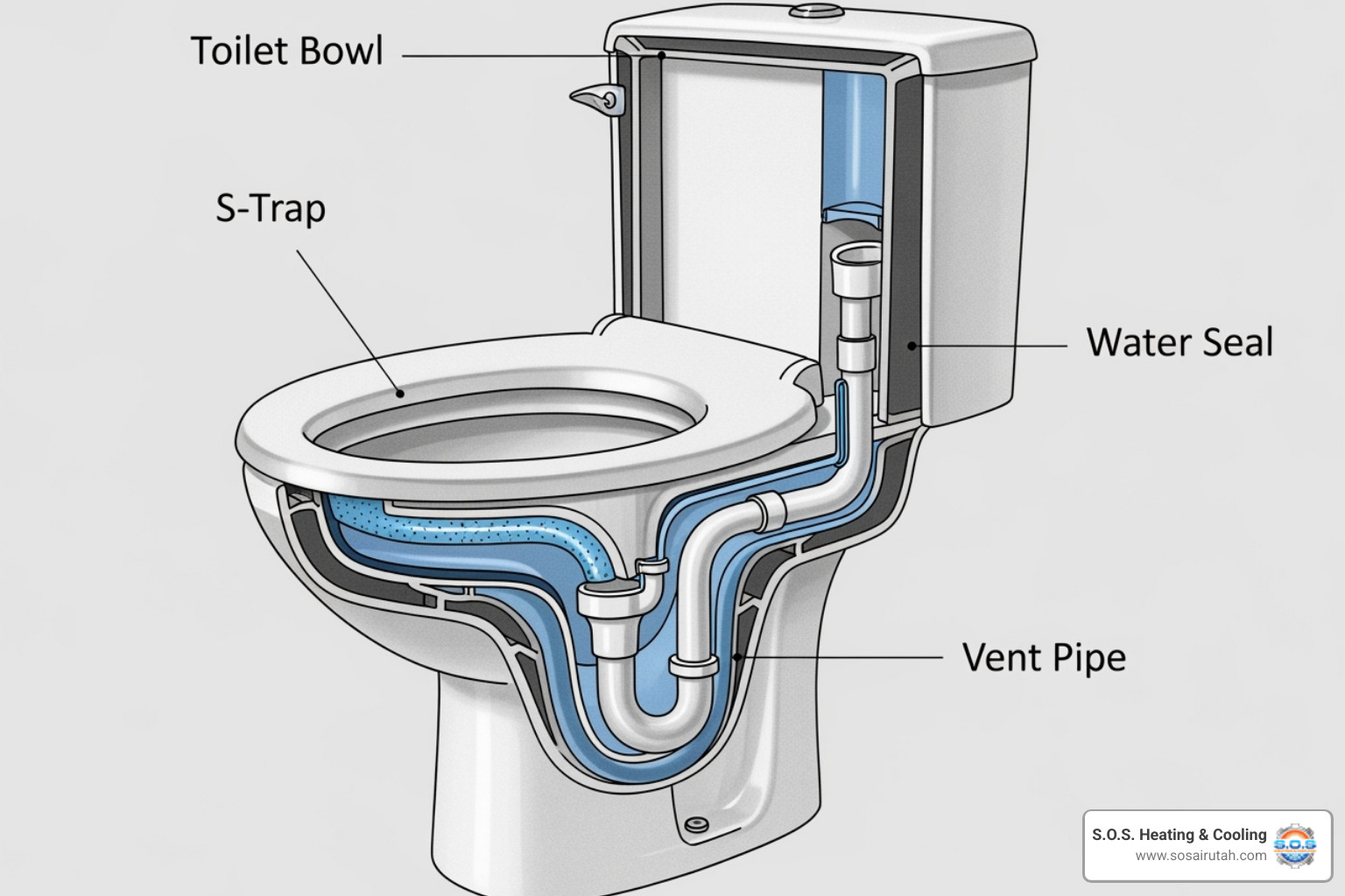 cutaway diagram showing a toilet's S-trap and vent pipe - toilet clog repair