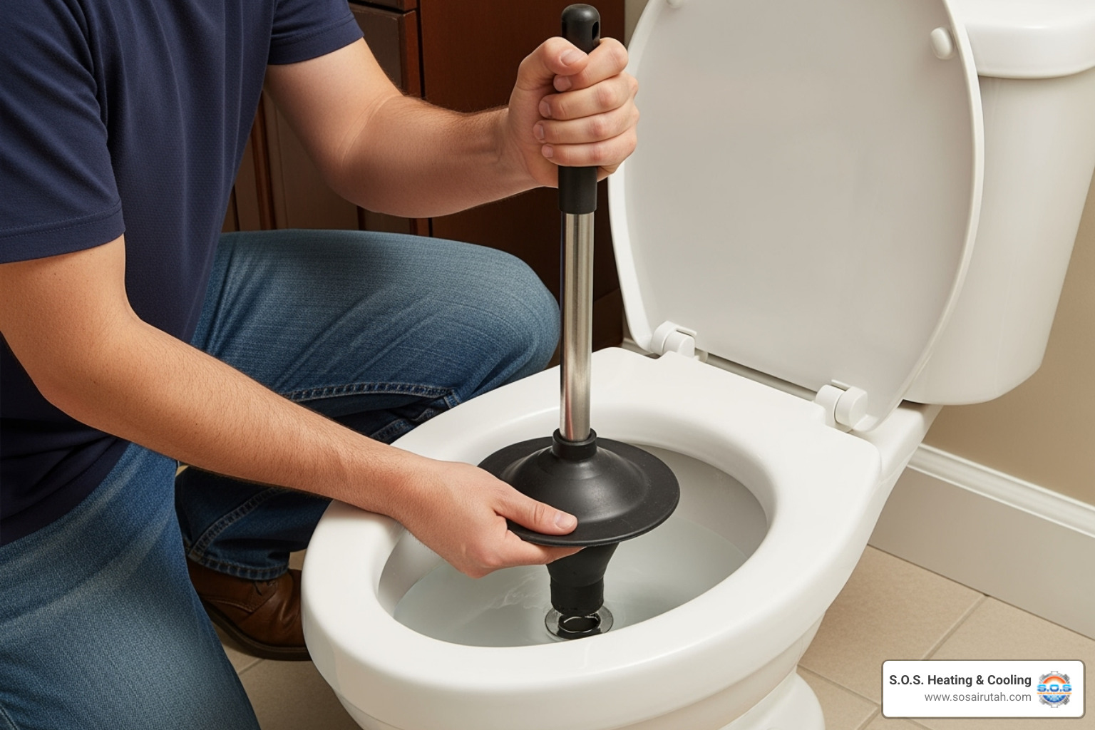 demonstrating the correct use of a flange plunger in a toilet bowl - toilet clog repair