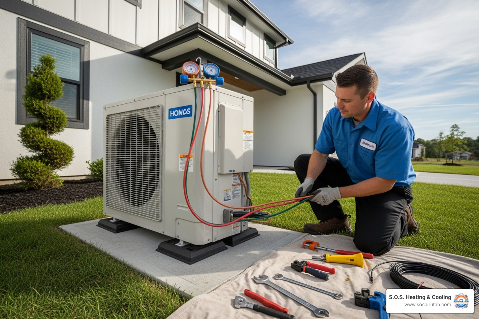 HVAC technician installing an outdoor condenser unit - cost for ductless heat pump HVAC technician installing an outdoor condenser unit - cost for ductless heat pump