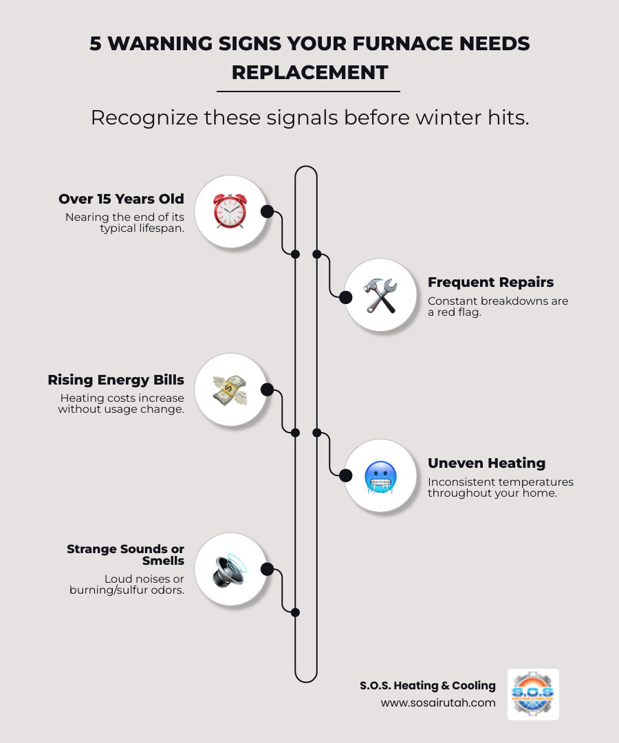 infographic showing five warning signs your furnace needs replacement: age over 15 years, frequent repair calls, rising energy bills without usage change, uneven heating between rooms, and strange noises or odors from the system - furnace replacement near me infographic infographic-line-5-steps-elegant_beige infographic showing five warning signs your furnace needs replacement: age over 15 years, frequent repair calls, rising energy bills without usage change, uneven heating between rooms, and strange noises or odors from the system - furnace replacement near me infographic infographic-line-5-steps-elegant_beige