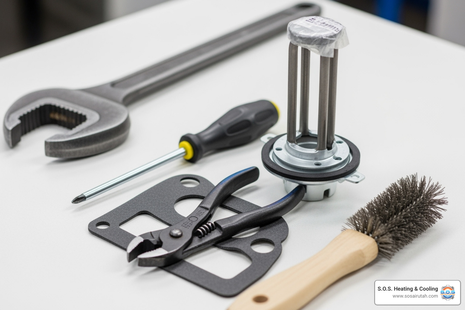 A neatly organized collection of tools for water heater element repair, including an element wrench, screwdriver, pliers, wire brush, and a new heating element with gasket. - water heater element repair