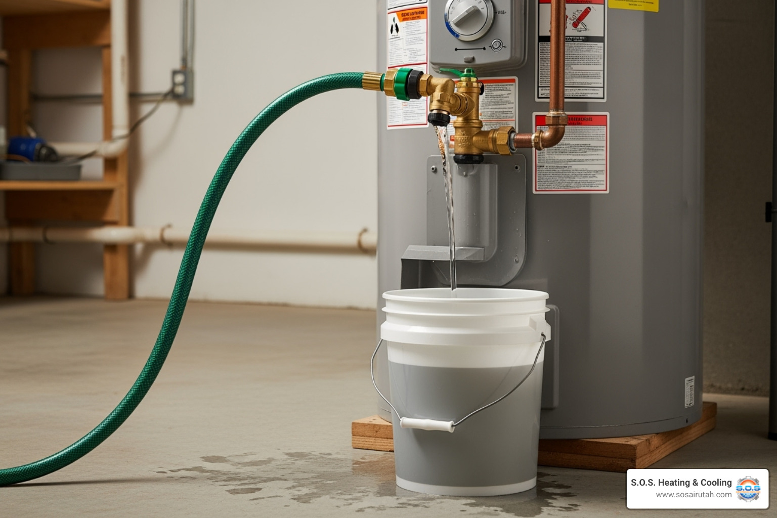 A garden hose is connected to the drain valve of a water heater, with water flowing out into a bucket. - water heater element repair
