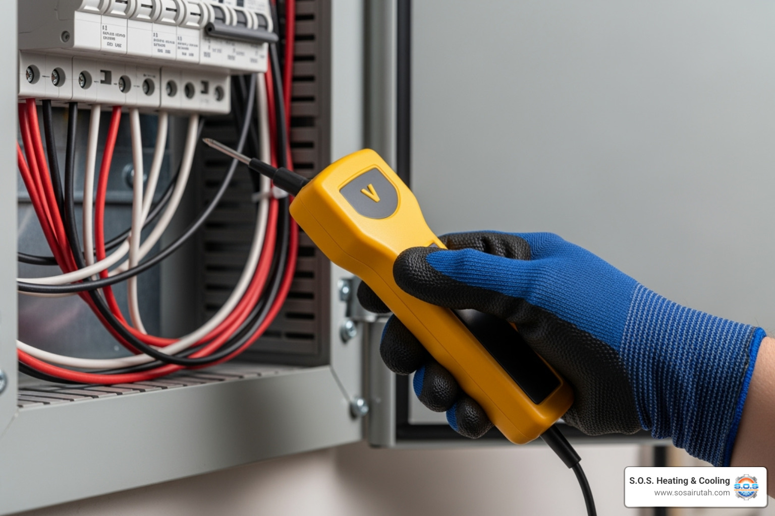 A person's hand holding a non-contact voltage detector to check wires on an electrical panel, emphasizing safety before working on a water heater. - water heater element repair