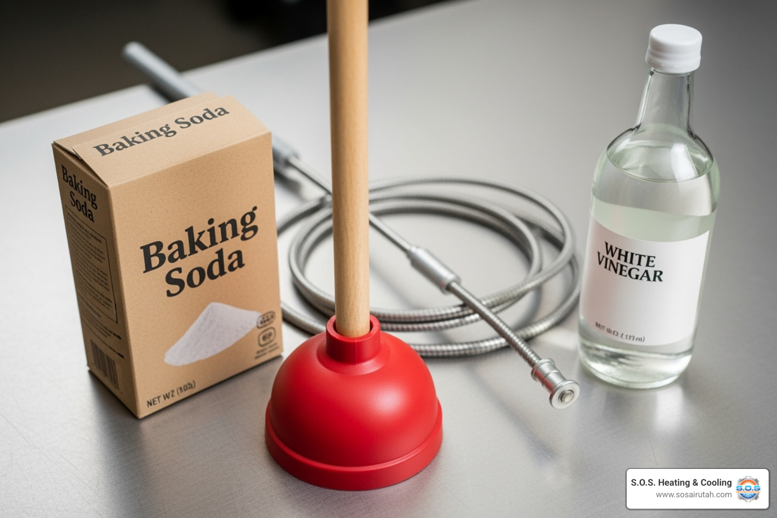 DIY tools including a plunger, baking soda, vinegar, and a drain snake - clogged drain repair