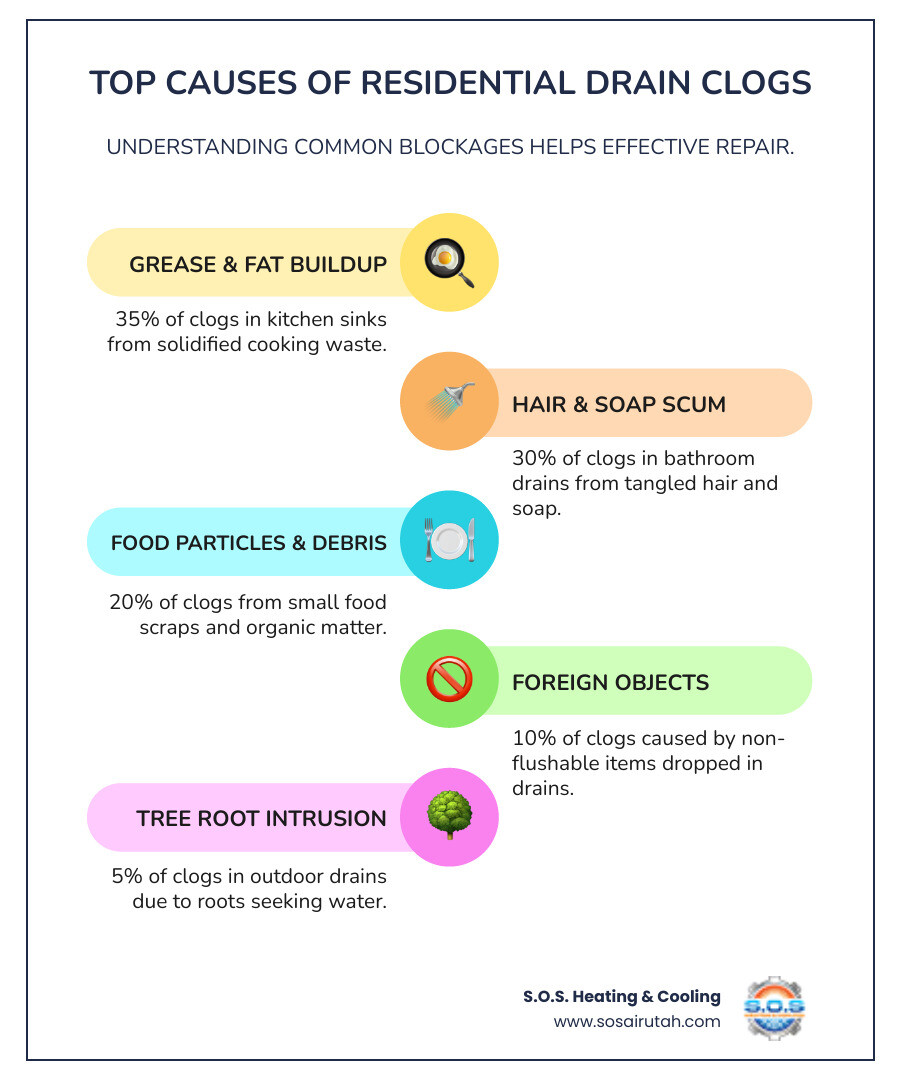 infographic showing the top causes of residential drain clogs: grease and fat buildup in kitchen sinks shown as 35%, hair and soap scum in bathroom drains at 30%, food particles and debris at 20%, foreign objects at 10%, and tree root intrusion in outdoor drains at 5% - clogged drain repair infographic infographic-line-5-steps-colors