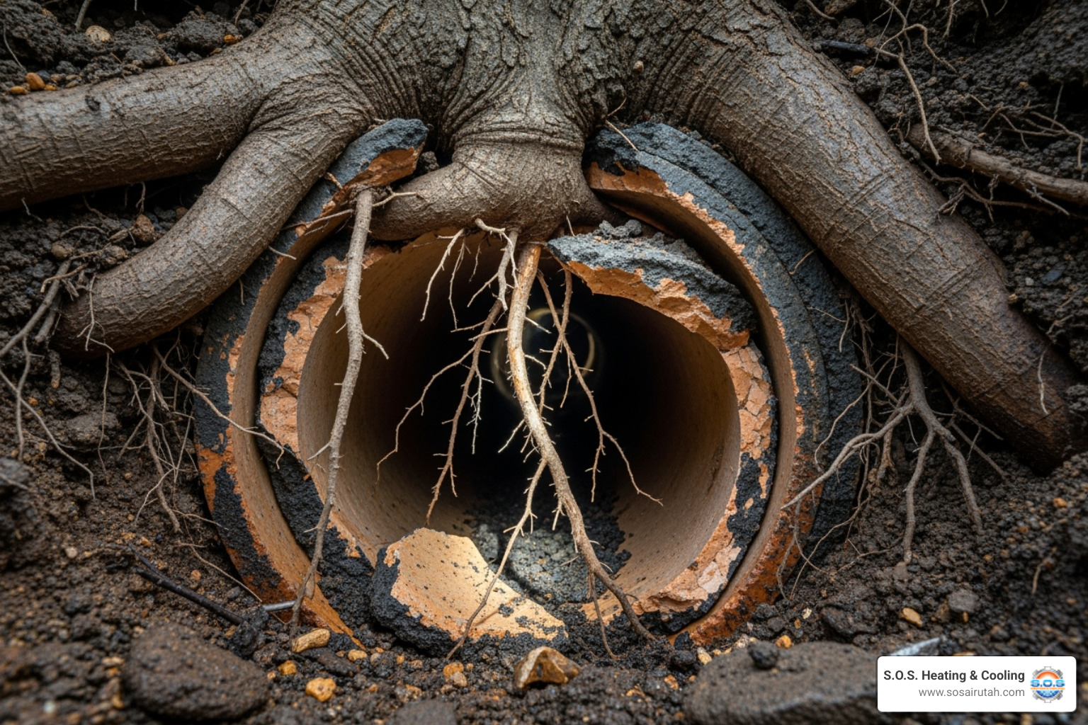 tree roots that have broken through a sewer pipe - clogged drain repair