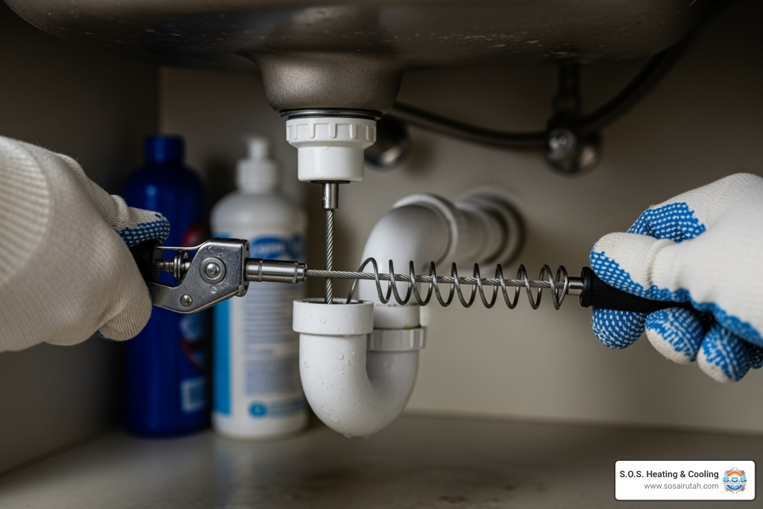 person carefully using a manual drain snake on a sink P-trap - clogged drain repair