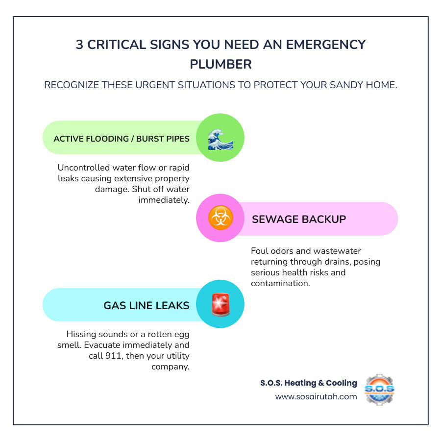 Infographic showing three critical signs you need an emergency plumber: 1) Active flooding or burst pipes causing water damage, 2) Sewage backup with foul odors and health hazards, 3) Gas line leaks indicated by rotten egg smell or hissing sounds. Each sign includes a red alert icon and immediate action steps. - emergency plumbing sandy infographic infographic-line-3-steps-colors