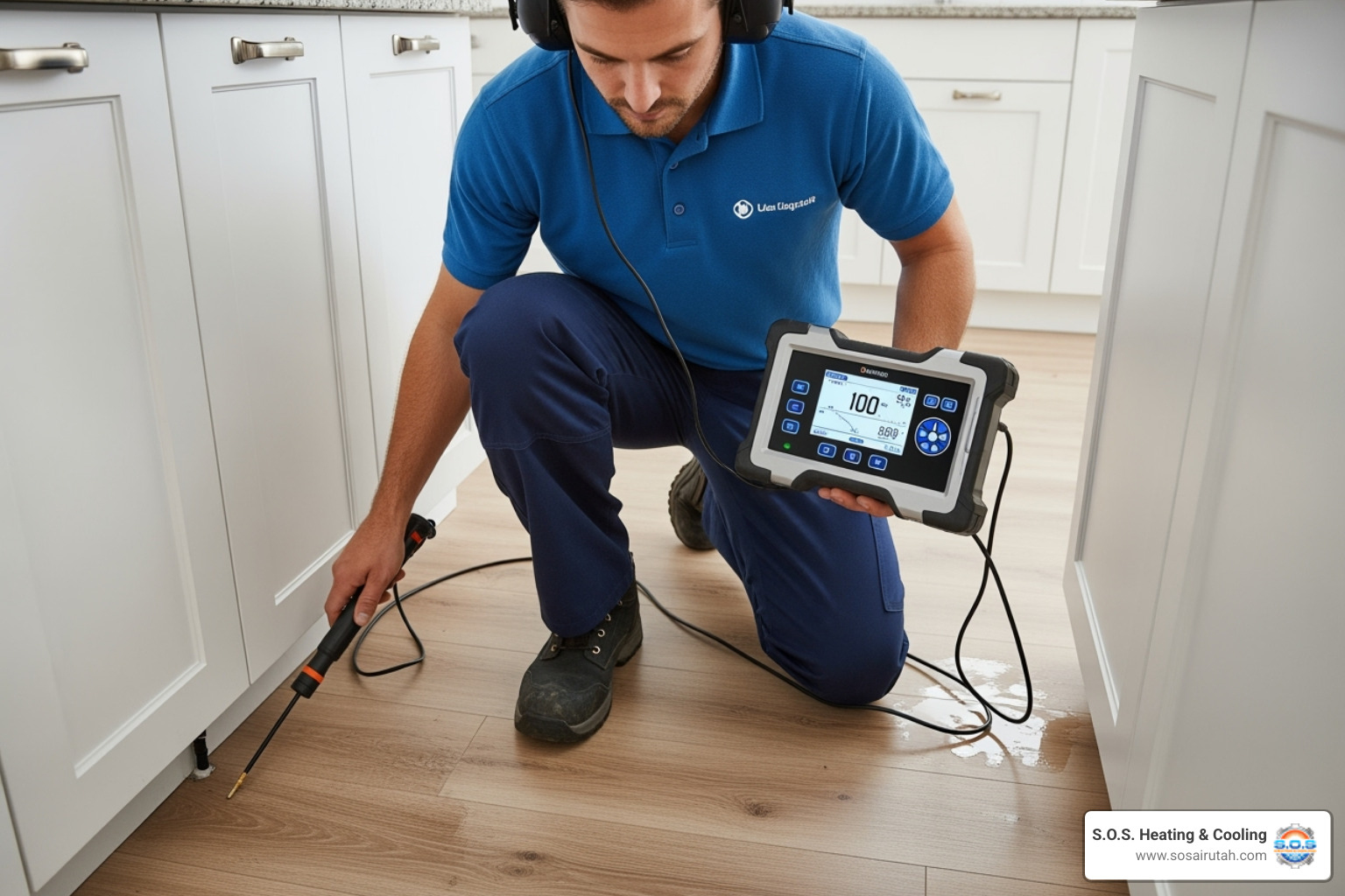 plumber using modern leak detection equipment - emergency plumbing sandy