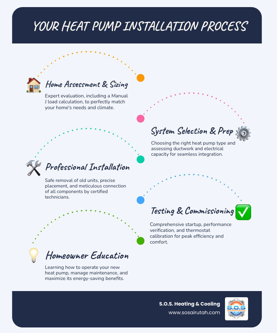 Infographic showing the heat pump installation process: 1) Home assessment and load calculation, 2) System selection based on climate and home size, 3) Ductwork and electrical evaluation, 4) Professional installation including refrigerant line connections, 5) Thorough testing and commissioning, 6) Homeowner education on operation and maintenance - heat pump installation infographic infographic-line-5-steps-blues-accent_colors Infographic showing the heat pump installation process: 1) Home assessment and load calculation, 2) System selection based on climate and home size, 3) Ductwork and electrical evaluation, 4) Professional installation including refrigerant line connections, 5) Thorough testing and commissioning, 6) Homeowner education on operation and maintenance - heat pump installation infographic infographic-line-5-steps-blues-accent_colors