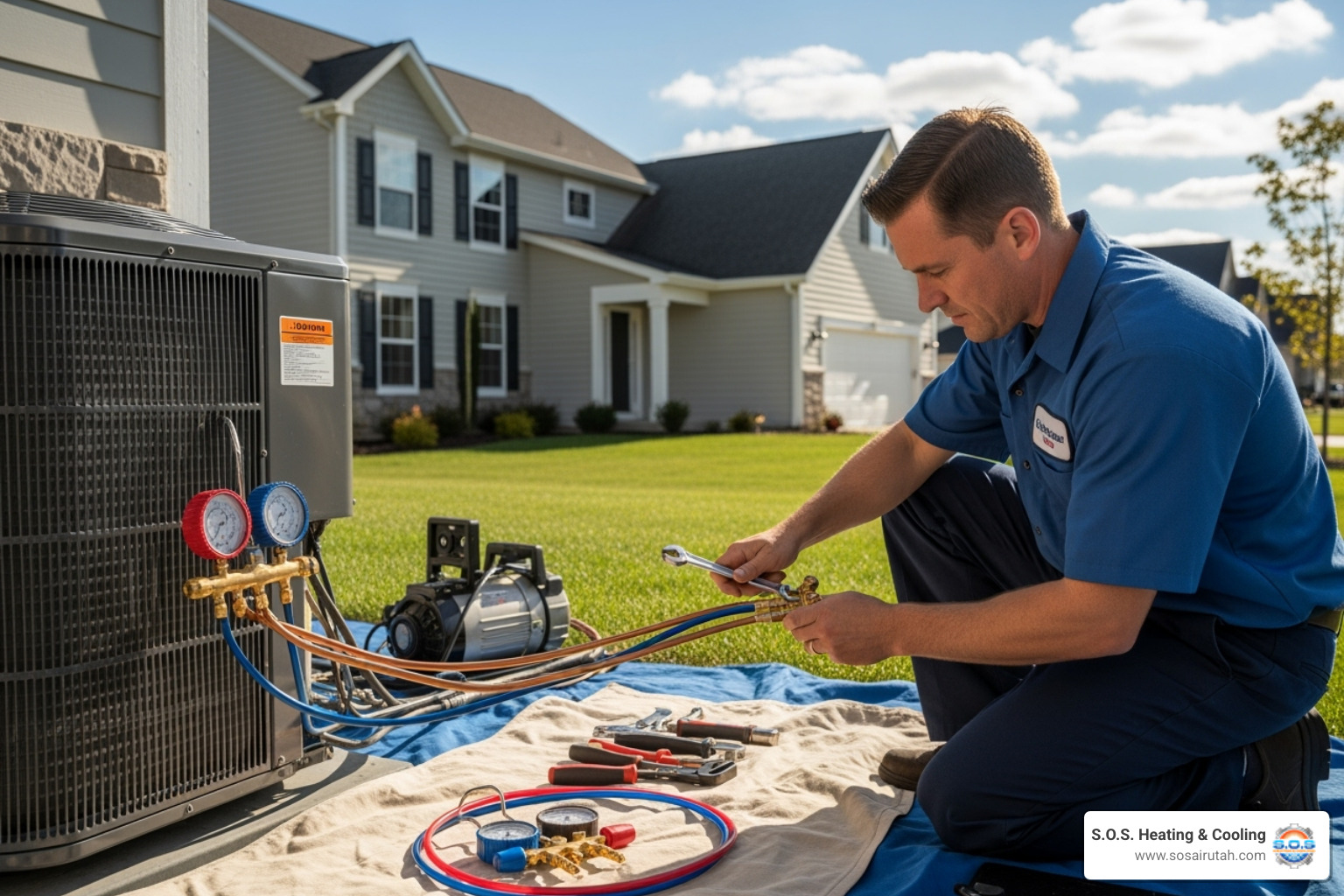 Image of a technician installing an outdoor heat pump unit - heat pump installation Image of a technician installing an outdoor heat pump unit - heat pump installation