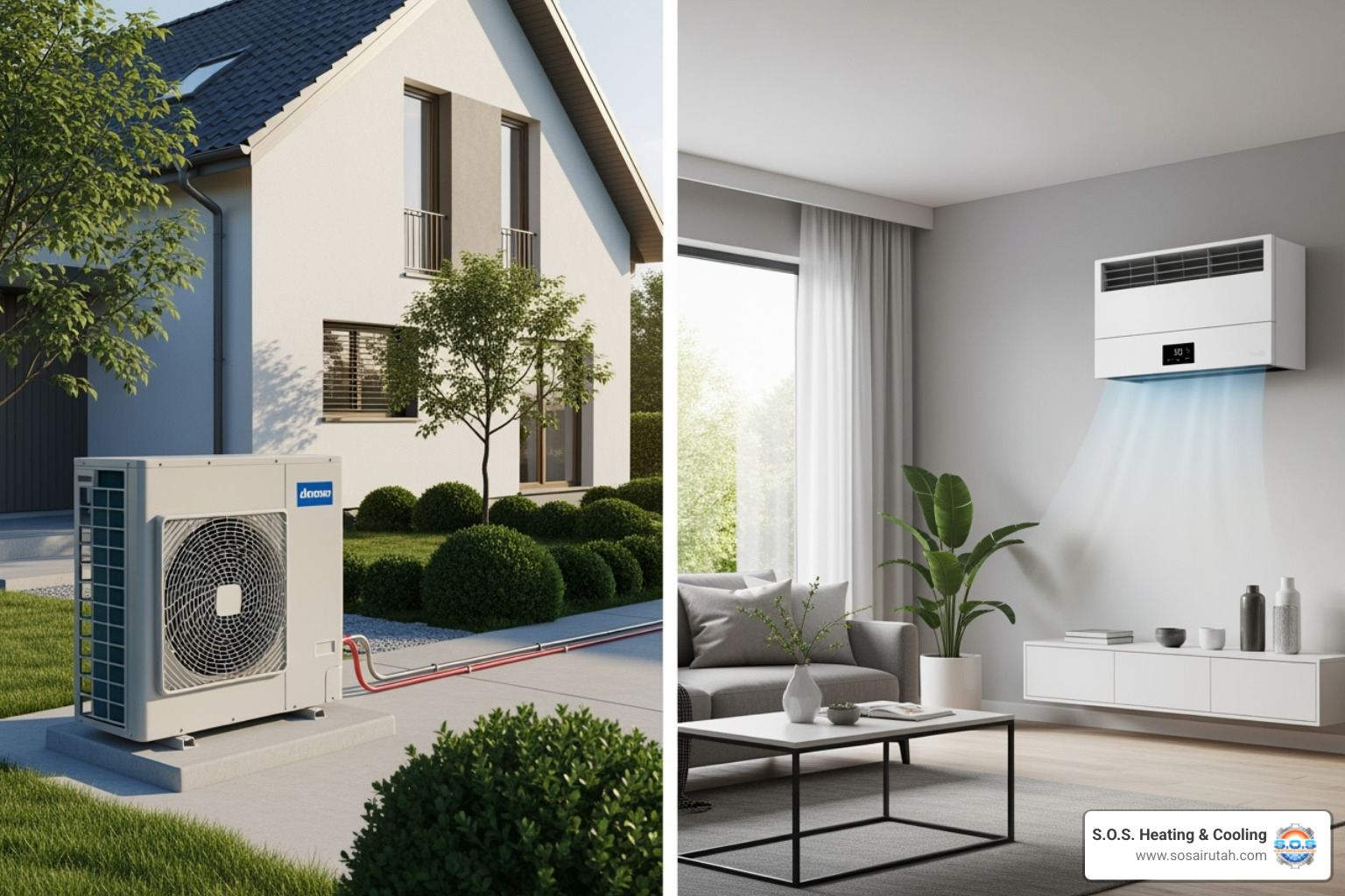 Image showing different types of heat pumps (ducted, ductless mini-split) - heat pump installation Image showing different types of heat pumps (ducted, ductless mini-split) - heat pump installation