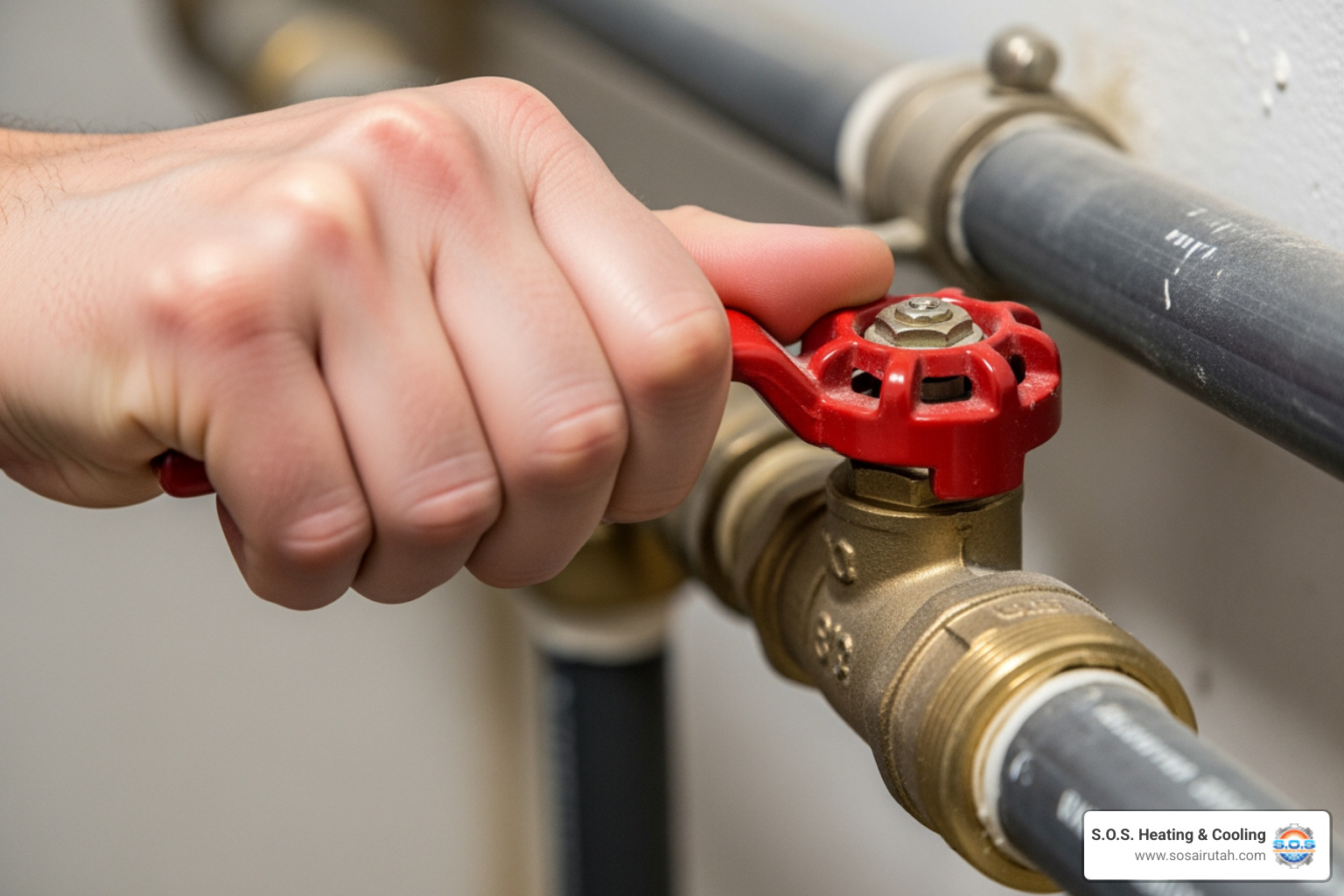 hand turning main water shut-off valve - My pipe just burst, I need an emergency plumber in Salt Lake right now."