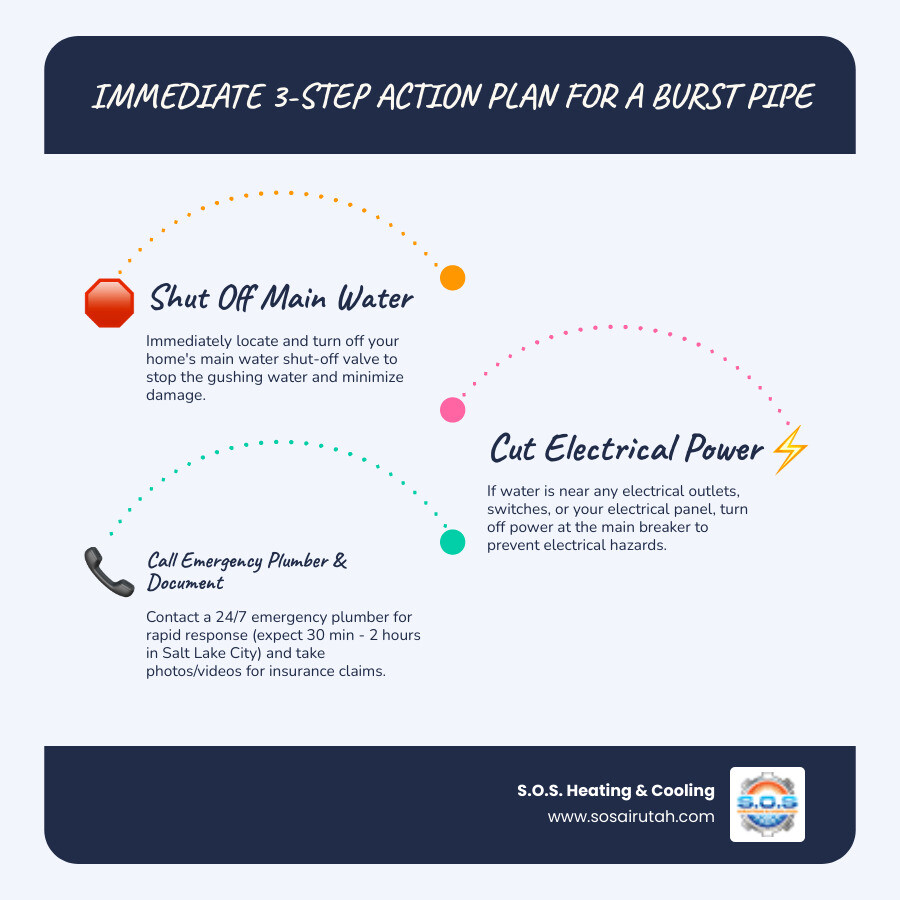 Infographic showing three critical steps when a pipe bursts: 1. Locate and turn off main water shut-off valve immediately, 2. Switch off electricity if water is near electrical sources, 3. Call 24/7 emergency plumber and begin documenting damage with photos, with response time of 30 minutes to 2 hours typical in Salt Lake City - My pipe just burst, I need an emergency plumber in Salt Lake right now." infographic infographic-line-3-steps-blues-accent_colors
