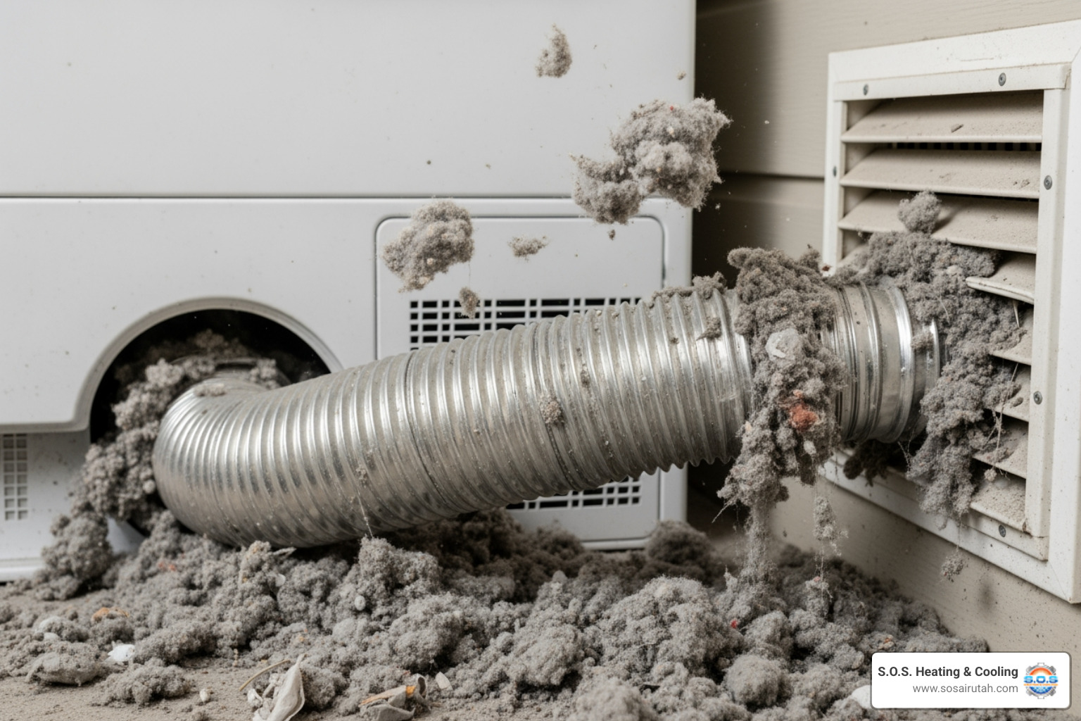 excessive lint buildup behind a dryer and around the exterior vent opening - clothes dryer vent cleaning near me