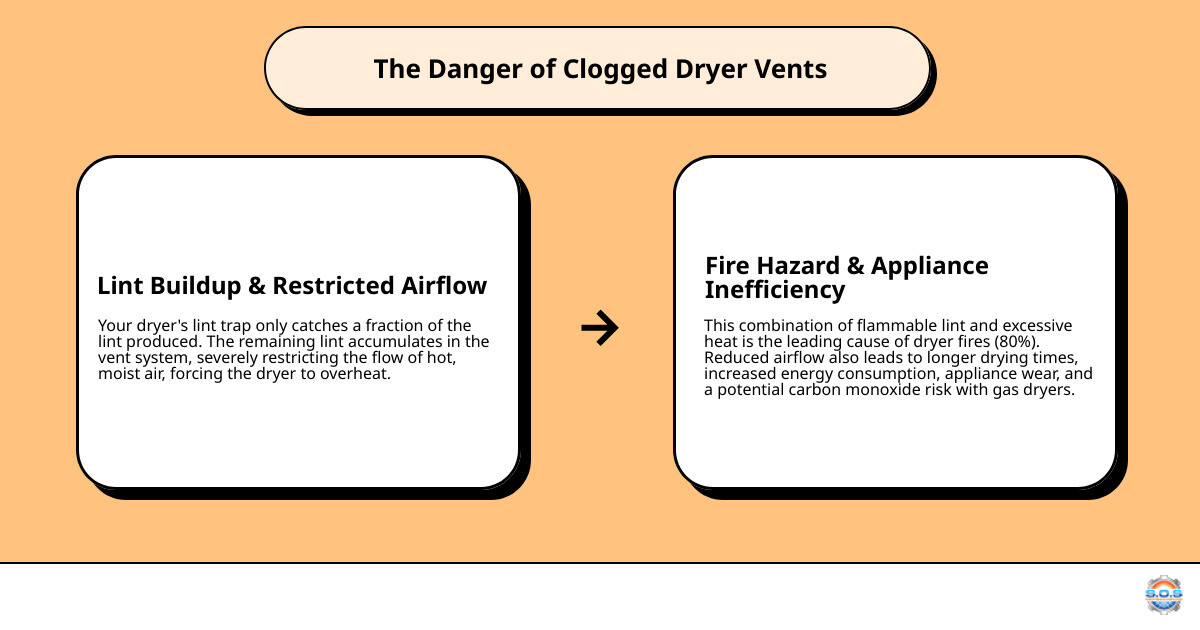 Infographic showing how lint accumulates in dryer vents over time, restricting airflow from 100% capacity down to 20% or less, with flame icons indicating fire risk zones and arrows showing heat buildup that leads to ignition - clothes dryer vent cleaning near me infographic cause_effect_text