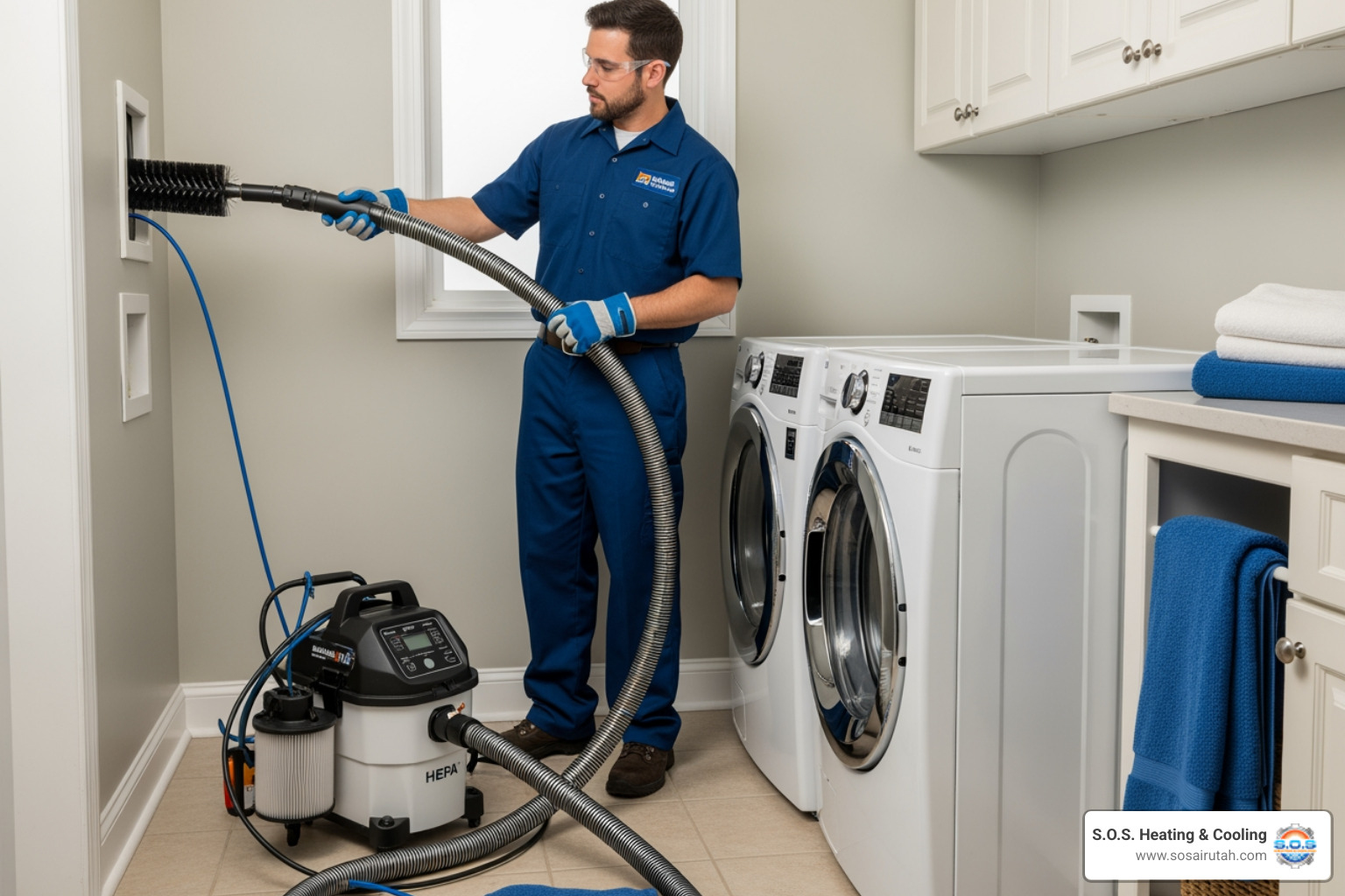 uniformed professional technician using specialized equipment - clothes dryer vent cleaning near me