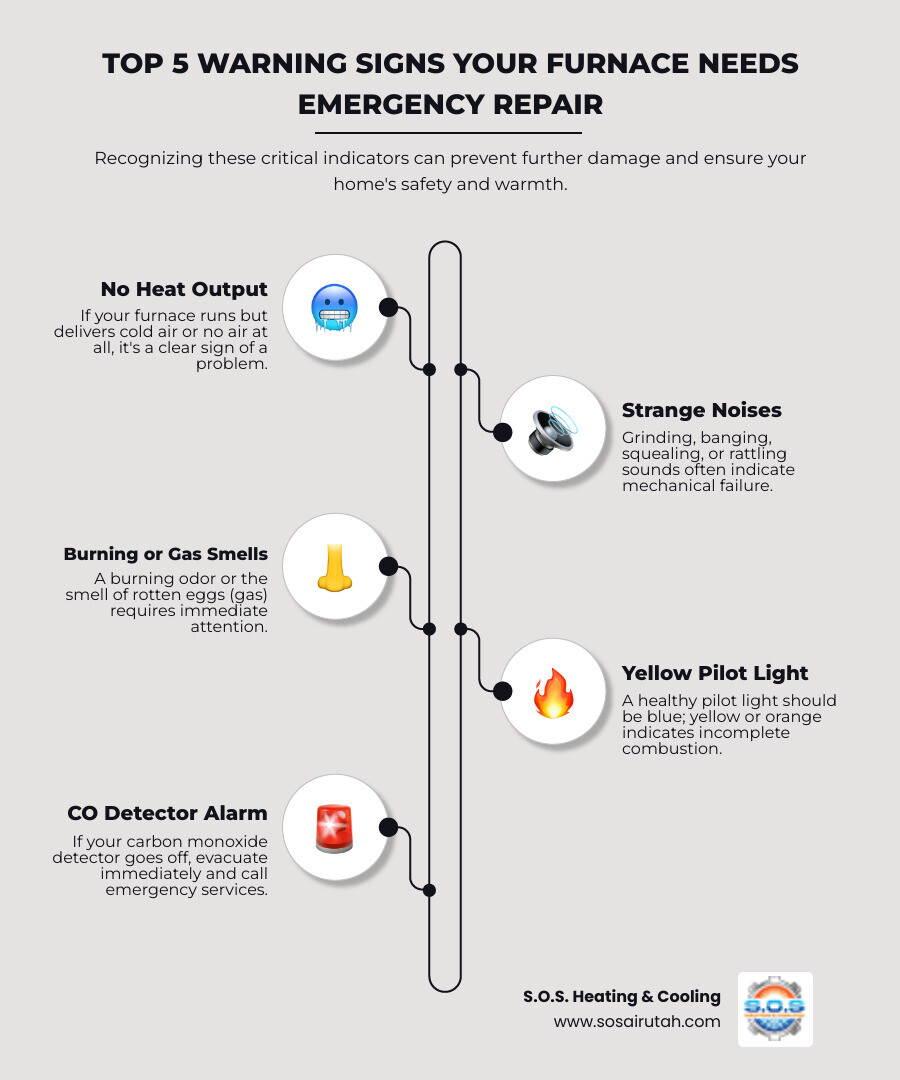 Infographic showing the top 5 warning signs your furnace needs emergency repair: no heat coming from vents, strange grinding or banging noises, burning or gas smells, yellow or orange pilot light flame instead of blue, and carbon monoxide detector alarm sounding - "My furnace stopped working. Who offers 24/7 emergency heating repair in Salt Lake City?" infographic infographic-line-5-steps-elegant_beige Infographic showing the top 5 warning signs your furnace needs emergency repair: no heat coming from vents, strange grinding or banging noises, burning or gas smells, yellow or orange pilot light flame instead of blue, and carbon monoxide detector alarm sounding - "My furnace stopped working. Who offers 24/7 emergency heating repair in Salt Lake City?" infographic infographic-line-5-steps-elegant_beige